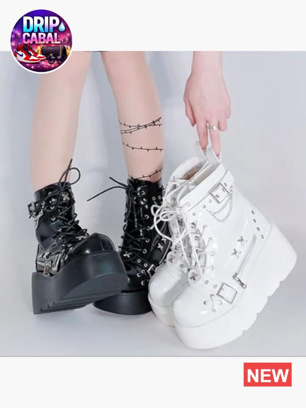 Goth Platform Ankle Boots with Bat Wing Buckles Chunky Heels Round Toe Zipper - Picture 2 of 6